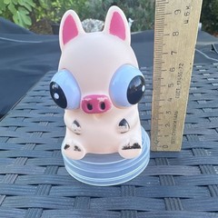 Pink Pig Figurine Big Eyes w/ Clear Suction Cup Base 6 in, Blue Black White
