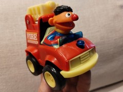 Sesame Street Fire Truck Ernie Red Pull Back’n Go Toy Car, Illco, Vintage, 1988