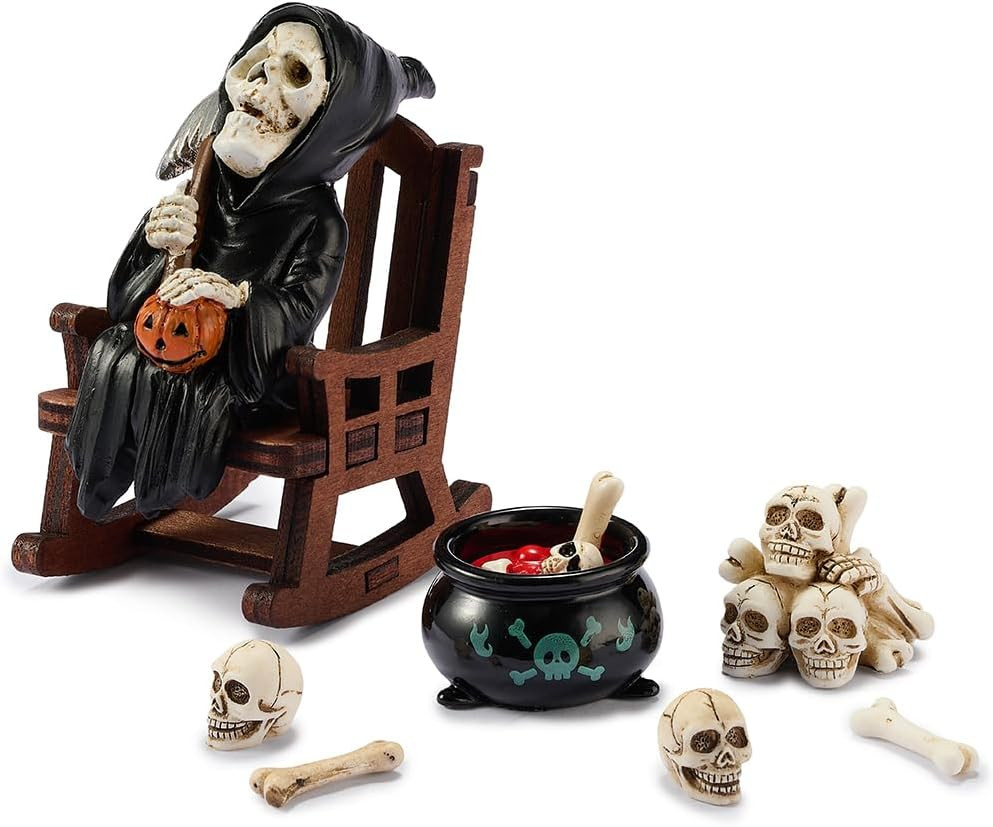 Cute Grim Reaper Shelf Sitter,Miniature Grim Reaper Statue on Rocking Chair,Goth