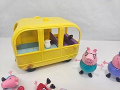 Peppa Pig Figures & Vehicle Lot Yellow School Bus Caravan Granddad Dog Pig Toys