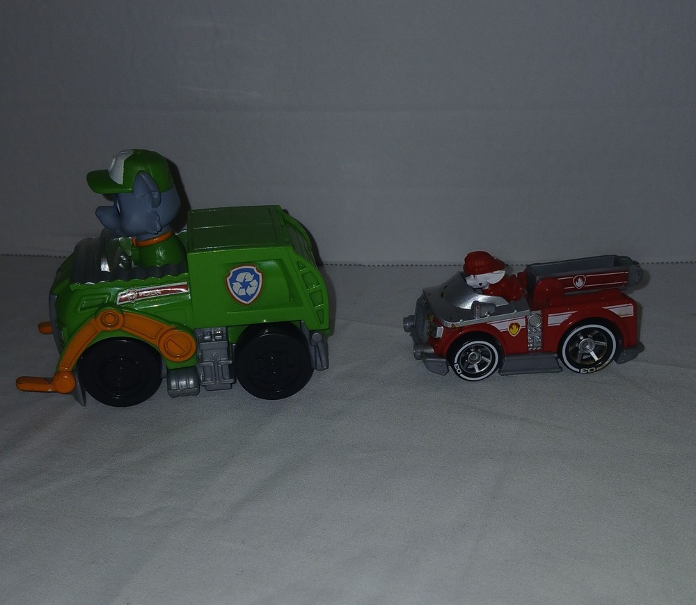 Paw Patrol Set of 2 Rocky Recycling Truck(4″) Marshall Firetruck(Diecast 2″ish)