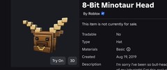 Roblox Toy Code – 8-Bit Minotaur Head (Delivered Digitally)
