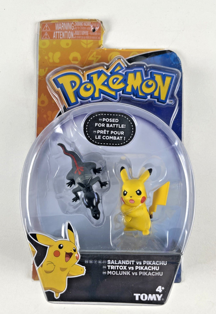 2017 Salandit vs Pikachu Pokemon Action Figures Set by Tomy Posed for Battle