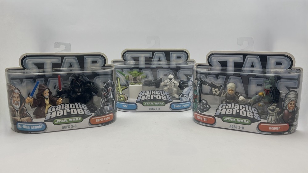 2004 Star Wars Galactic Heroes Lot: 3 Two-Packs – Boba Fett, Vader, Yoda +