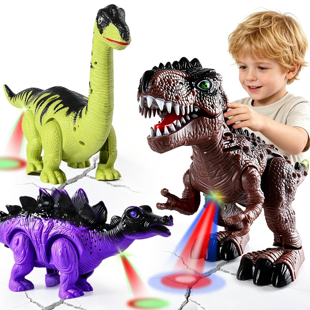 3-Pack Walking Dinosaur Toys for Boys 3 4 5 6 with Lights & Roaring Sounds
