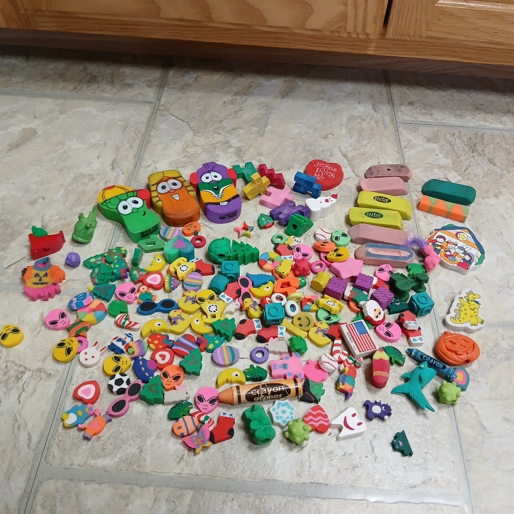 Lot Of Vintage Erasers 1990s Veggie Tales, Aliens, Hearts, Moons, Trees