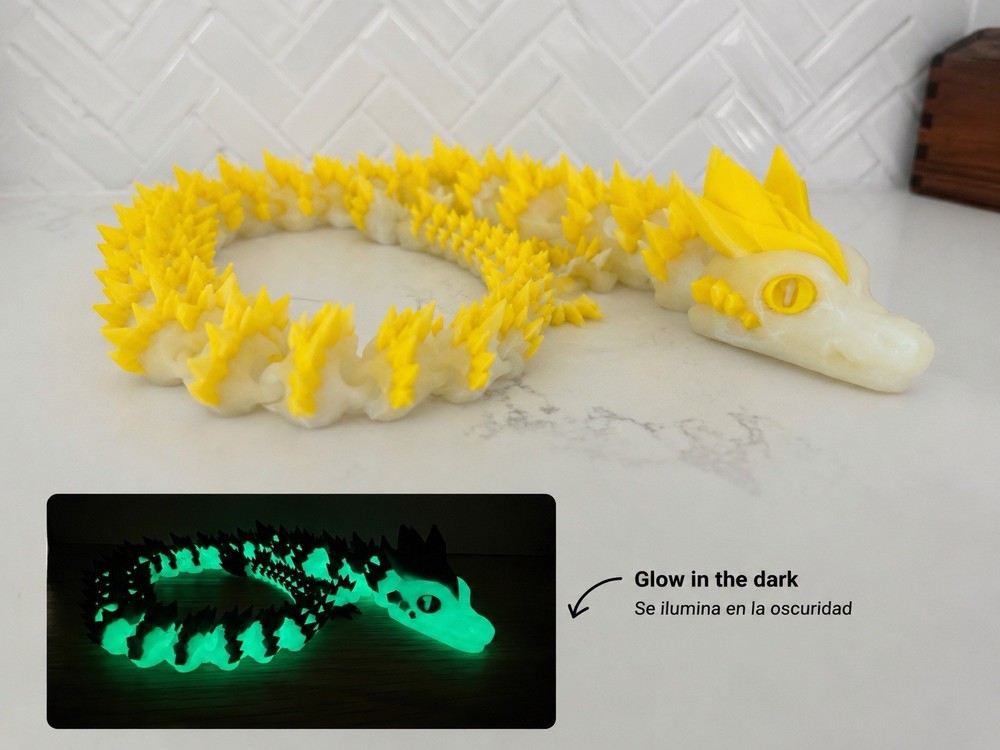 3D Printed Articulated Dragon 24in Glow In The Dark Yellow / White Dual Color