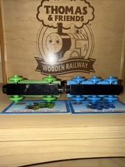 THOMAS & PERCY ! THOMAS FRIENDS TRAIN WOODEN 1998 WOODEN FUNNEL BRITT ALLCROFT