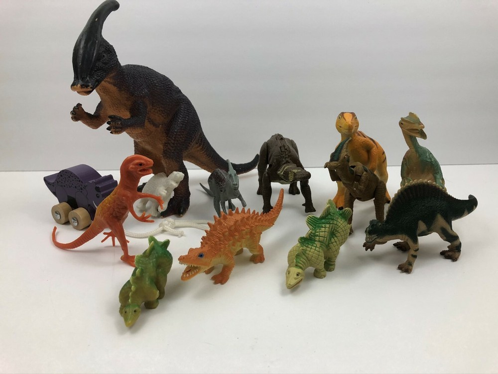 Toy Dinosaur Lot All Different Assorted Shapes Sizes Rubber Plastic Wood (13)