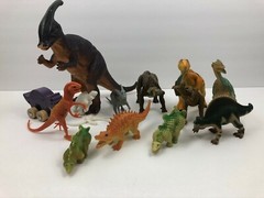 Toy Dinosaur Lot All Different Assorted Shapes Sizes Rubber Plastic Wood (13)