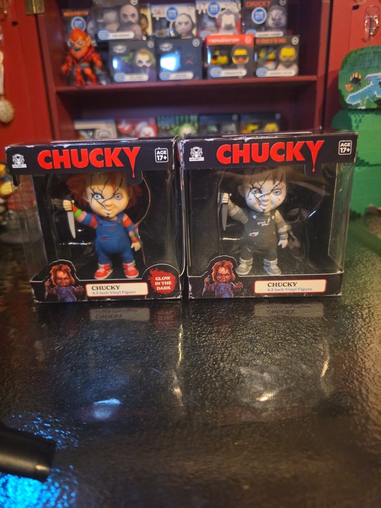 Lot 2 Culture Fly Chucky 4.5 Inch Glow in the Dark Vinyl & B&W Figure 4.5″
