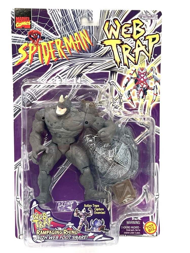 ToyBiz 1997 Marvel Spider-Man Web Trap Rampaging Rhino Action Figure Carded 6”