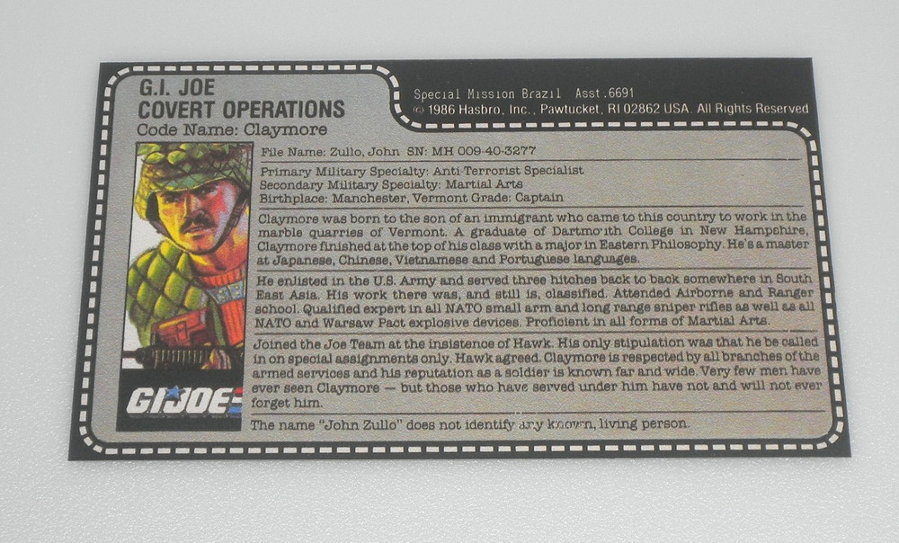 CUSTOM REPRO G.I. GI Joe Claymore 1986 Special Mission Brazil Figure File Card
