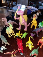 Large Lot of 34 Plastic Resin, Acrylic.-Resin and Rubberl Dinosaur figures.