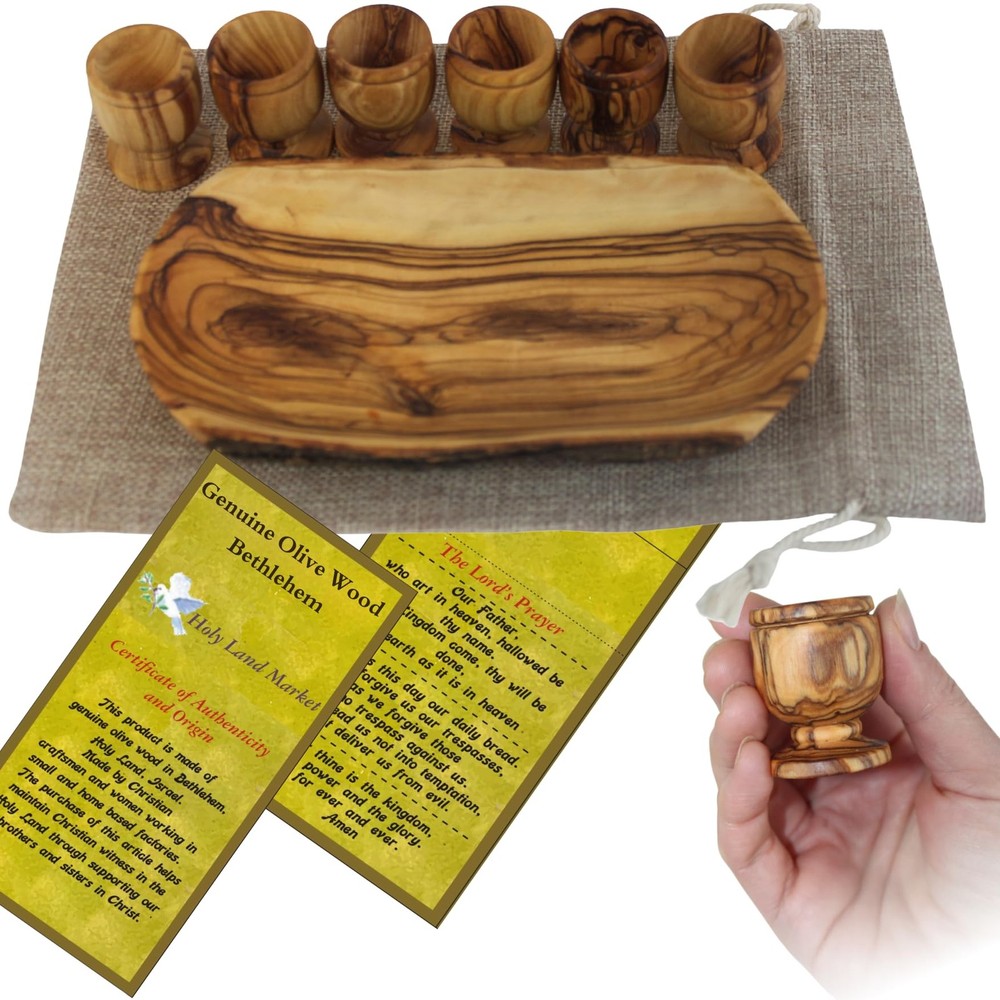 Holy Land Market Meal That Heals Olive Wood Communion Set – Six Cups and one