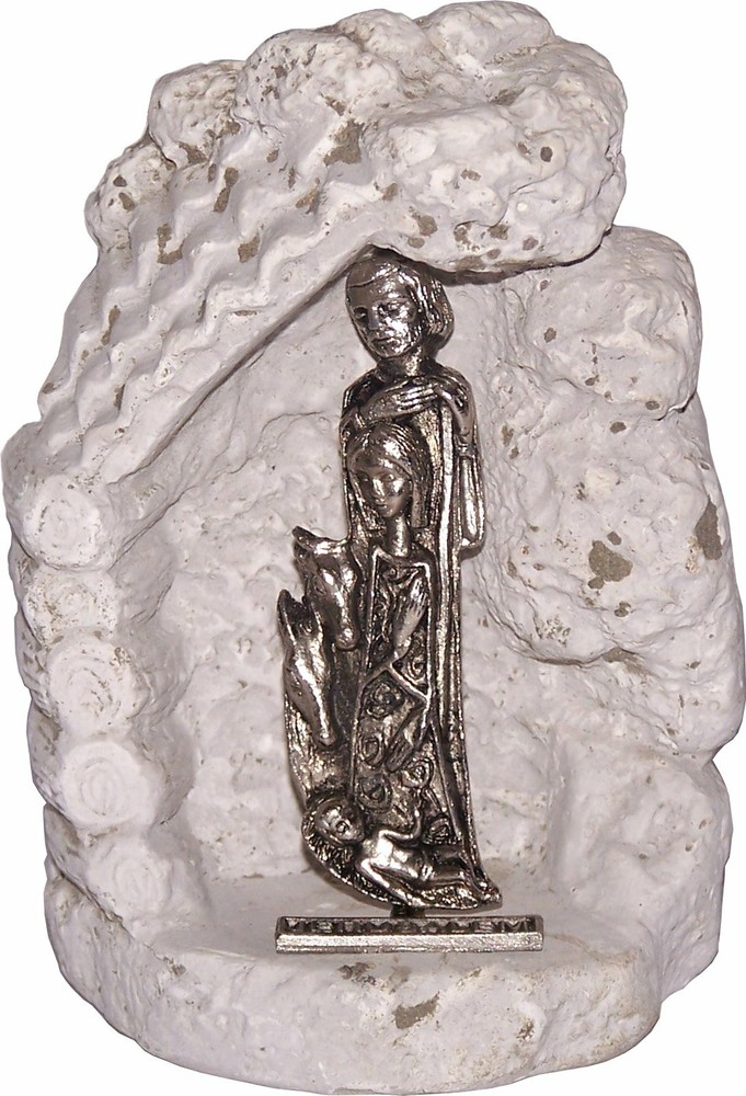 Pewter Nativity in modern style inside sculptured resin cave -from the Holy Land