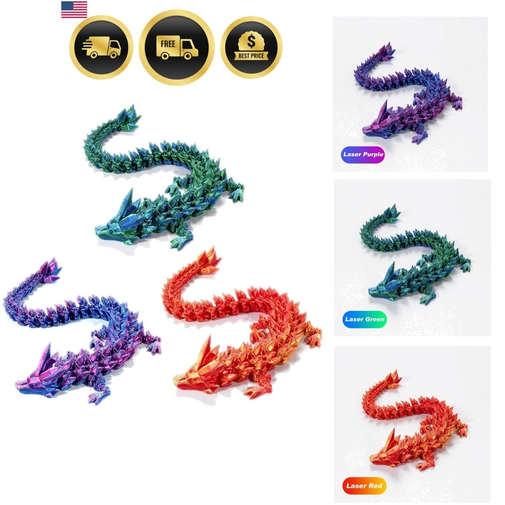 3D Printed Crystal Dragon 12In 3Pcs Flexible Articulated Fidget Toy Decor