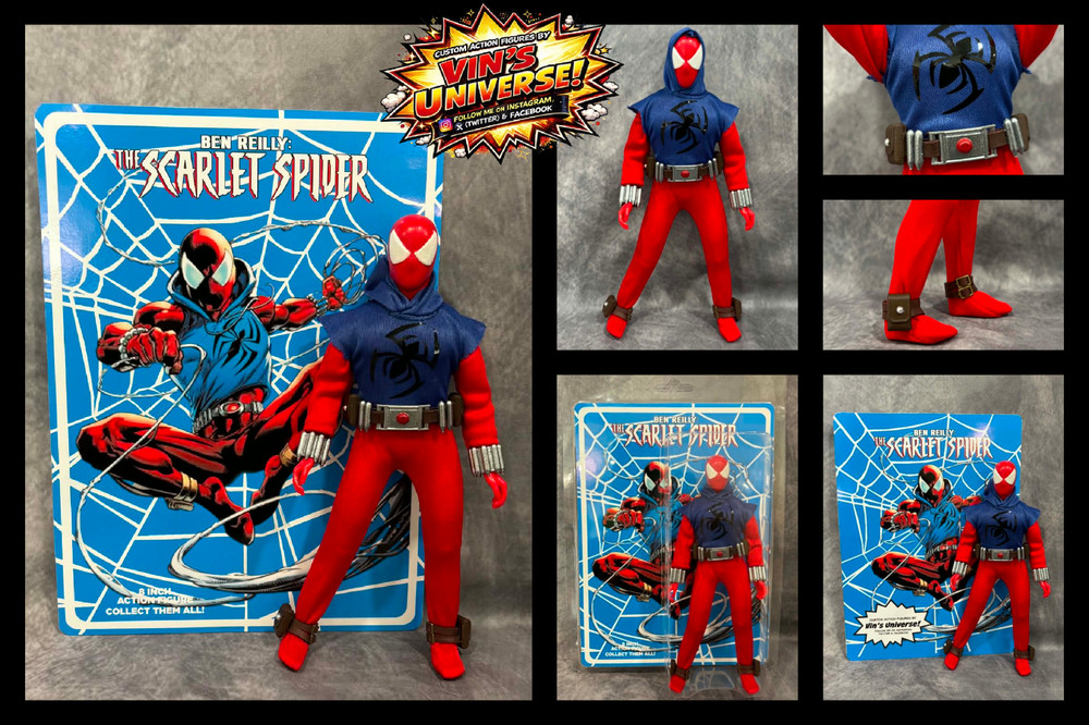 Custom 8″ Mego Scale SpiderMan Peter Parker Ben Reilly Scarlet Spider-Man & Case