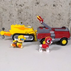 Paw Patrol Dino Rescue Marshall Fire Truck Rubble Deluxe Bulldozer Toy Lot 2 Pup