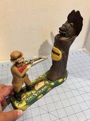 Teddy And The Bear Mechanical Bank Hunter Bear Cast Iron Coin Bank Vintage