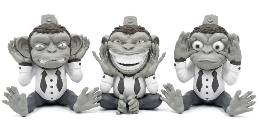 Ron English More Evil Monkeys 6″ Set 3 Gray Monotone Vinyl Art Toy EACH SIGNED!