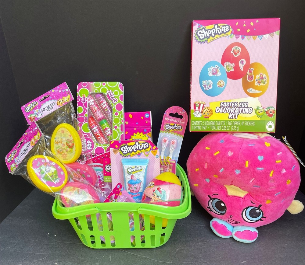 Shopkins Easter Basket (w/Blow Pop Lip Balms), Egg Decorating Kit, Plush Bank
