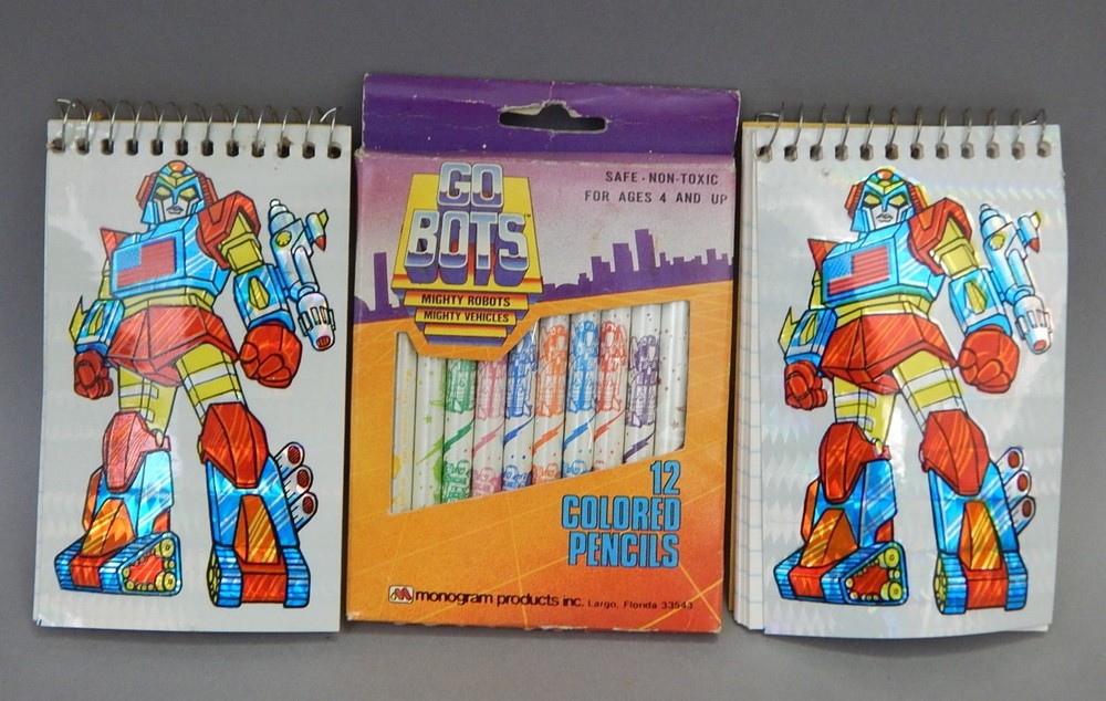 Vintage 1984 Monogram Go Bots Merch Colored Pencils Note Pad Lot