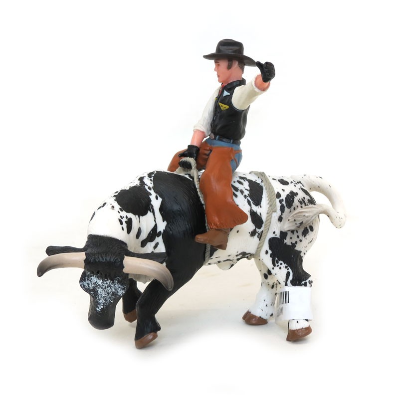 1/16 Little Buster Toys Black & White Bucking Bull W/ Rider Rodeo Toys 500276
