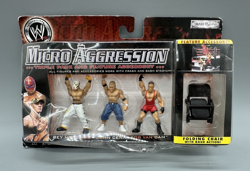 SEALED Jakks WWE Micro Aggression Rey Mysterio, John Cena, Rob Van Dam Figures.