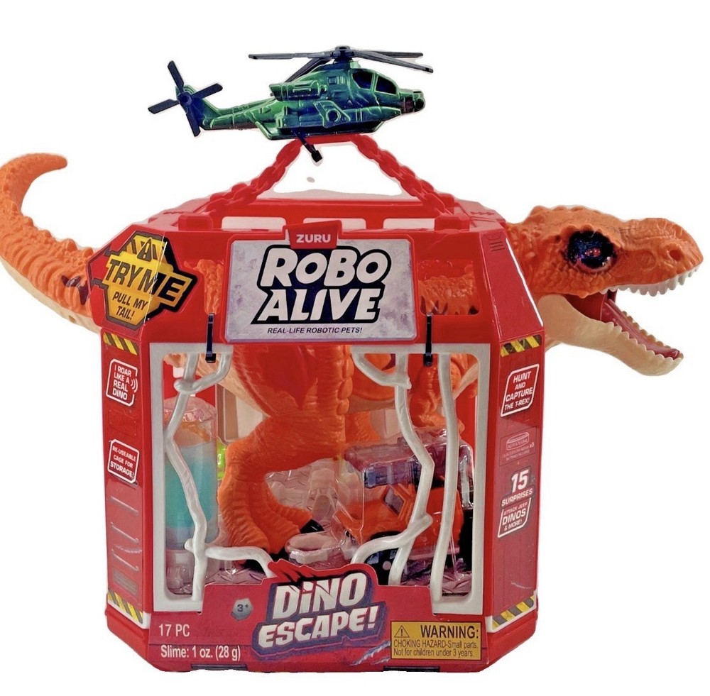 Zuru Robo Alive Dino Escape Orange T-Rex 17 Piece Set W/ Helicopter & Slime New