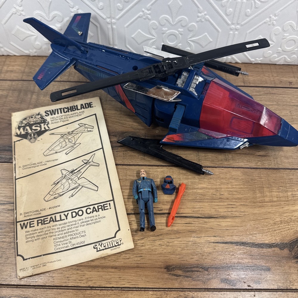 MASK Switchblade Vintage 1985 Vehicle w/Miles Mayhem Figure, Bomber, Extra Blade