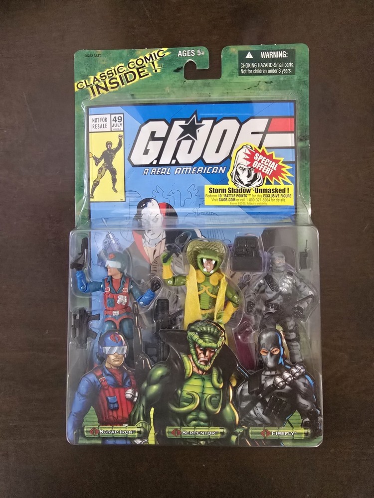Gi Joe 2000s Comic 3 Pack! Serpentor, Firefly, Scrap Iron! Mint On Card! Sealed!