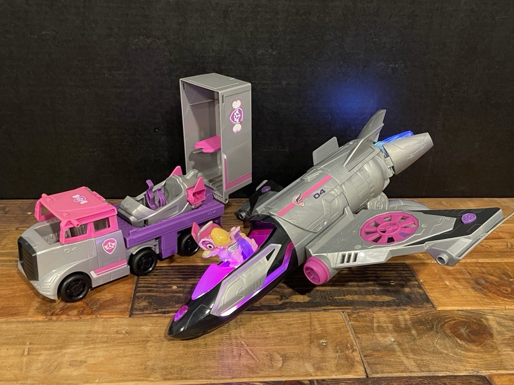 PAW Patrol Mighty Pups Super Paws Skye Jet Plane & Transport Truck Lot Lights