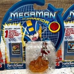 4 Vtg Mega Man NT Warrior Figure Metal, Spoul, Torch, Proto Battle Chip Mattel