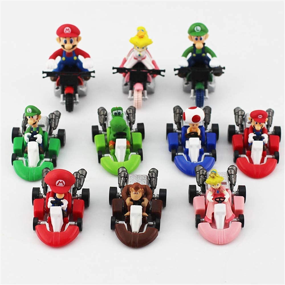 HUAWELL 10 Pcs Supe Mari Bros Kart Pull Back Cars Motorcycle Lugi Yosi Toad P…