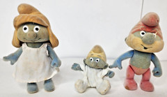 Vintage Fully Jointed Flocked Smurfs Set Papa Baby Smurfette [Bikin, 1988]
