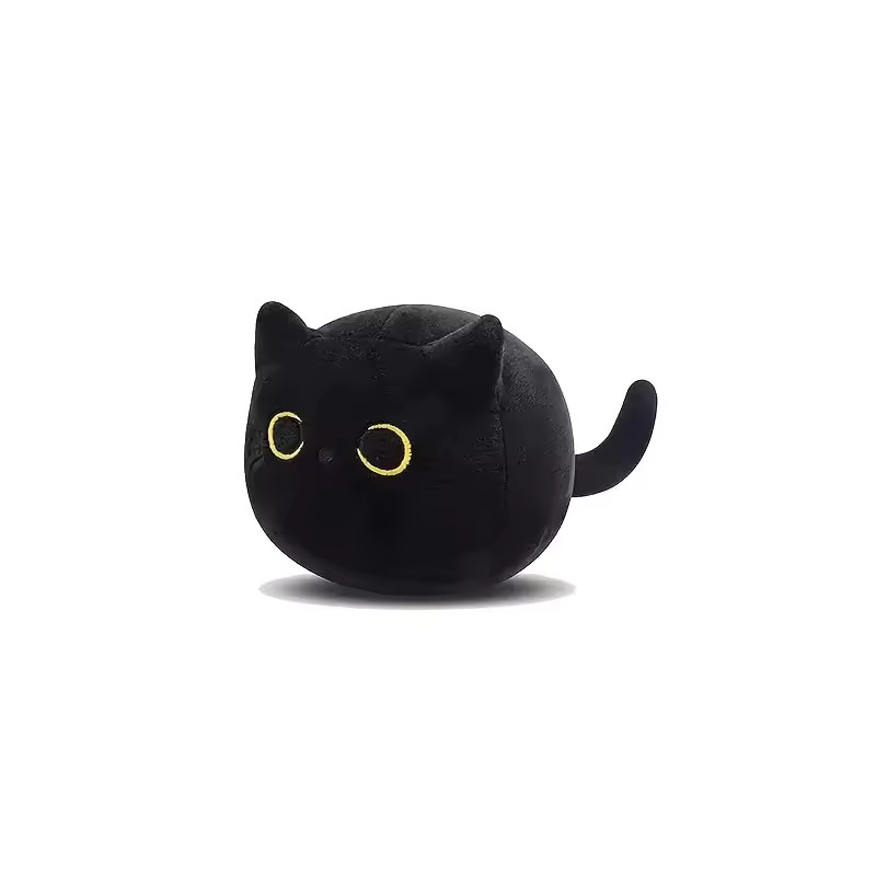 Black Cat Plush Toy Round Body Big Yellow Eyes Long Tail Stuffed Animal 15cm