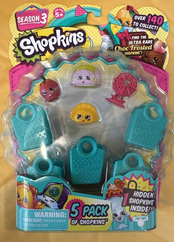 One Shopkins Season 3, 5 Pack with Mint/Teal Shopping Bags New SEALED Pristine
