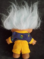 Vtg Troll Doll Ace Novelty Red Ruby Gem, Light Blue Hair, Yellow Corduroy