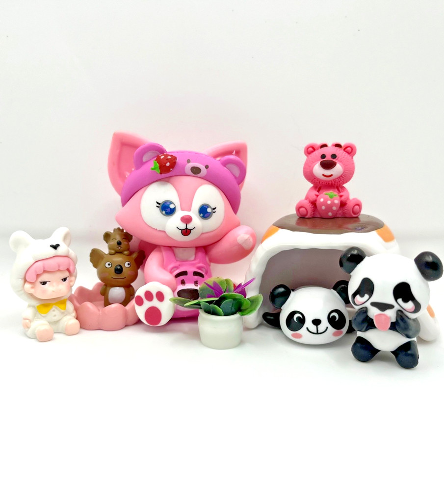 Kawaii Bear & Panda PVC Toy Figure Lot – LinaBell, Lotso, Tiny Friends w/ Plant