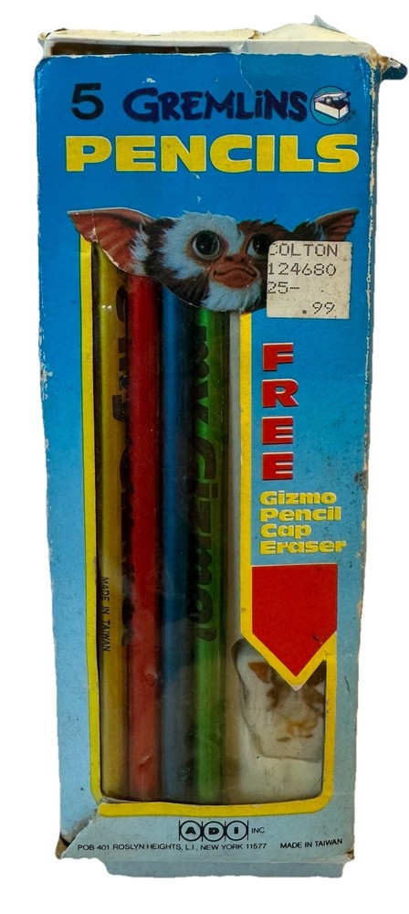 Vintage 1984 Gremlins Set of 5 Unused Pencils & Eraser Gizmo Movie Damaged Box