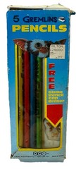 Vintage 1984 Gremlins Set of 5 Unused Pencils & Eraser Gizmo Movie Damaged Box