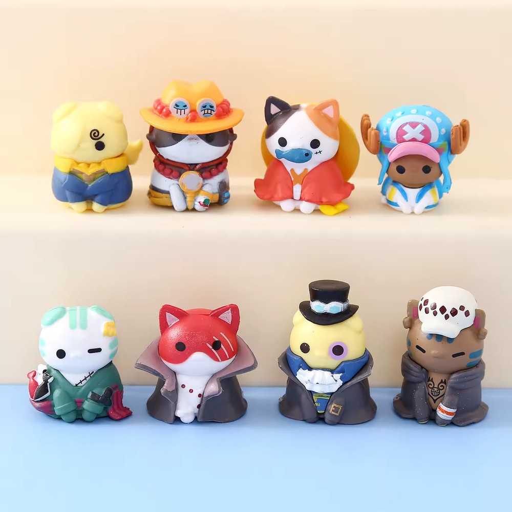 8 Pcs/Set One Piece Neko Cats Luffy Sabo Ace Law Chopper Cute PVC Figure Toy