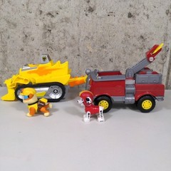 Paw Patrol Dino Rescue Marshall Fire Truck Rubble Deluxe Bulldozer Toy Lot 2 Pup