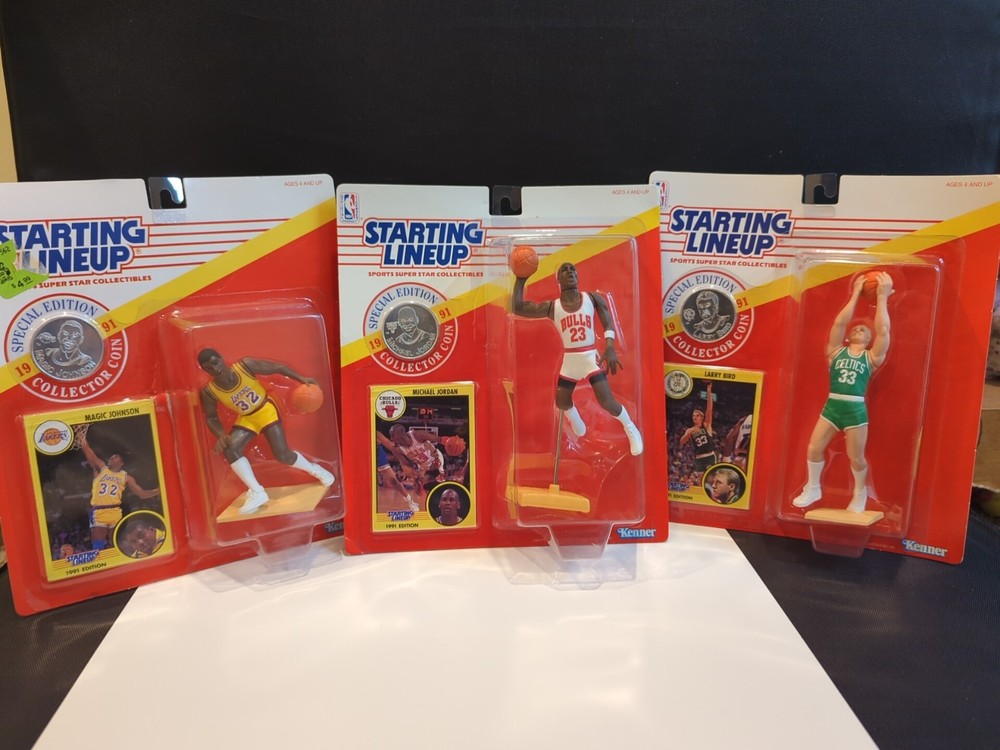 JORDAN MAGIC BIRD 1991 KENNER STARTING LINEUP NEW IN BOX WITH COLLECTOR COIN