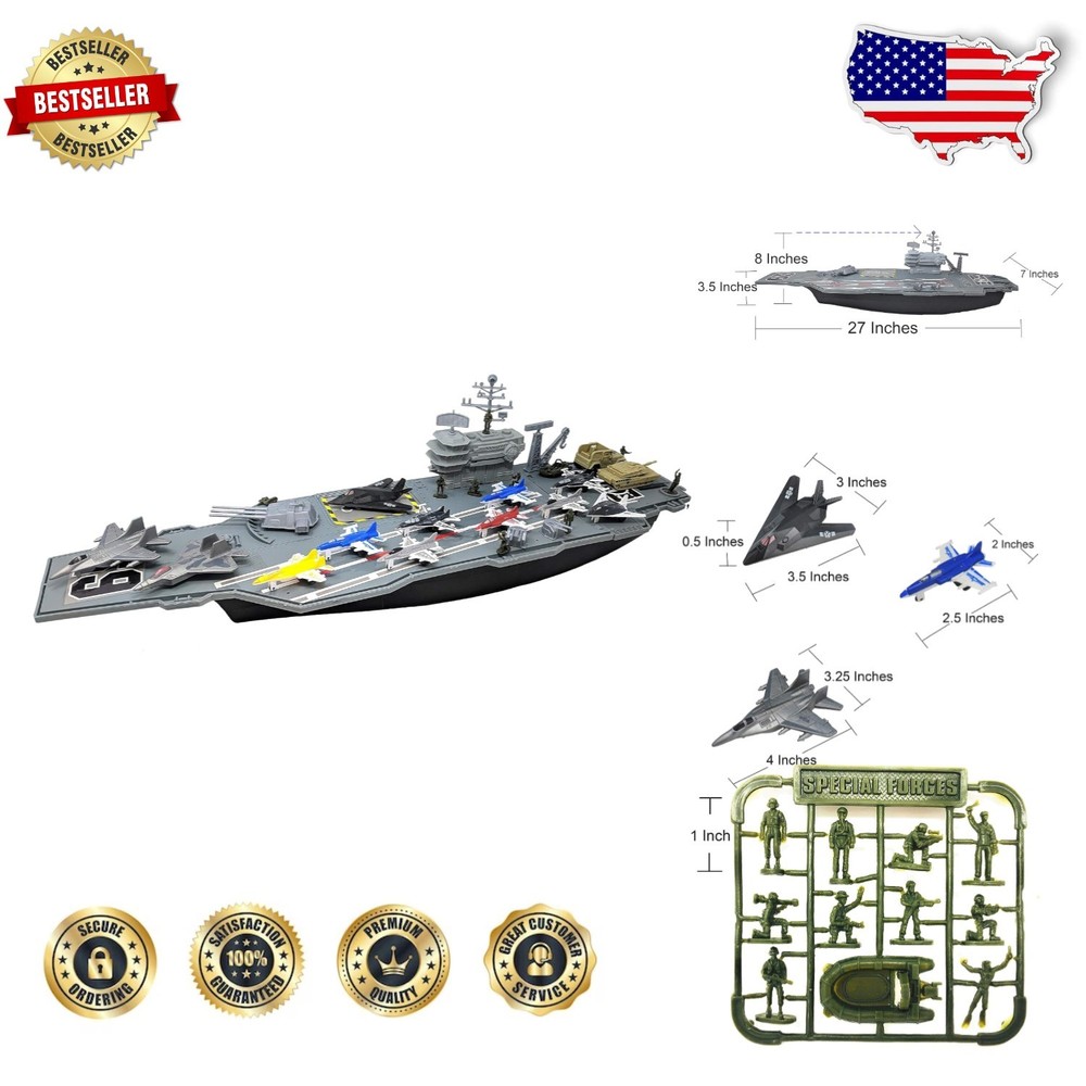 Huge 27 Inch Aircraft Carrier Toy Set: 9 Jets, Army Figures, Storage
