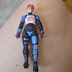 Female Plastic Action Figure Pink Hair Ponytail Blue/Black & Purple Outfit