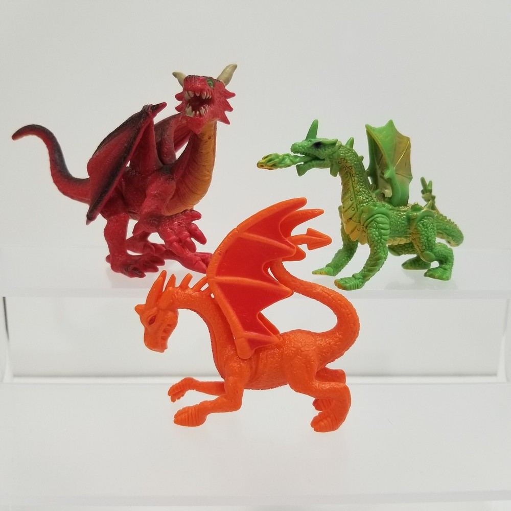 Dragon Figures – Red & Black, Green & Gold, Orange & Red – Mixed Lot of 3