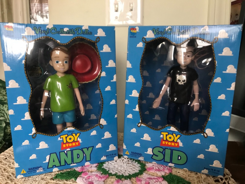 1996 RARE MIB MEDICOM TOY STORY ANDY & SID VINYL COLLECTIBLE DOLLS SET
