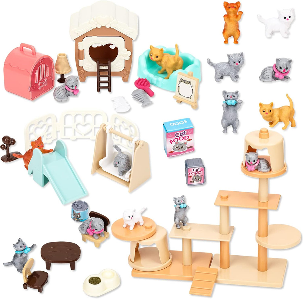 43 Piece Cat Figurine Playset Pet Care Center Toys for Kids Toddlers Boys Girls